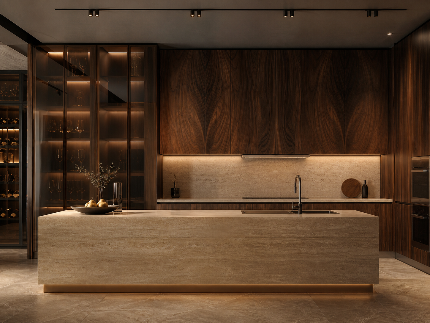 Premium Walnut ceviz kaplama ve traverten ada mutfak